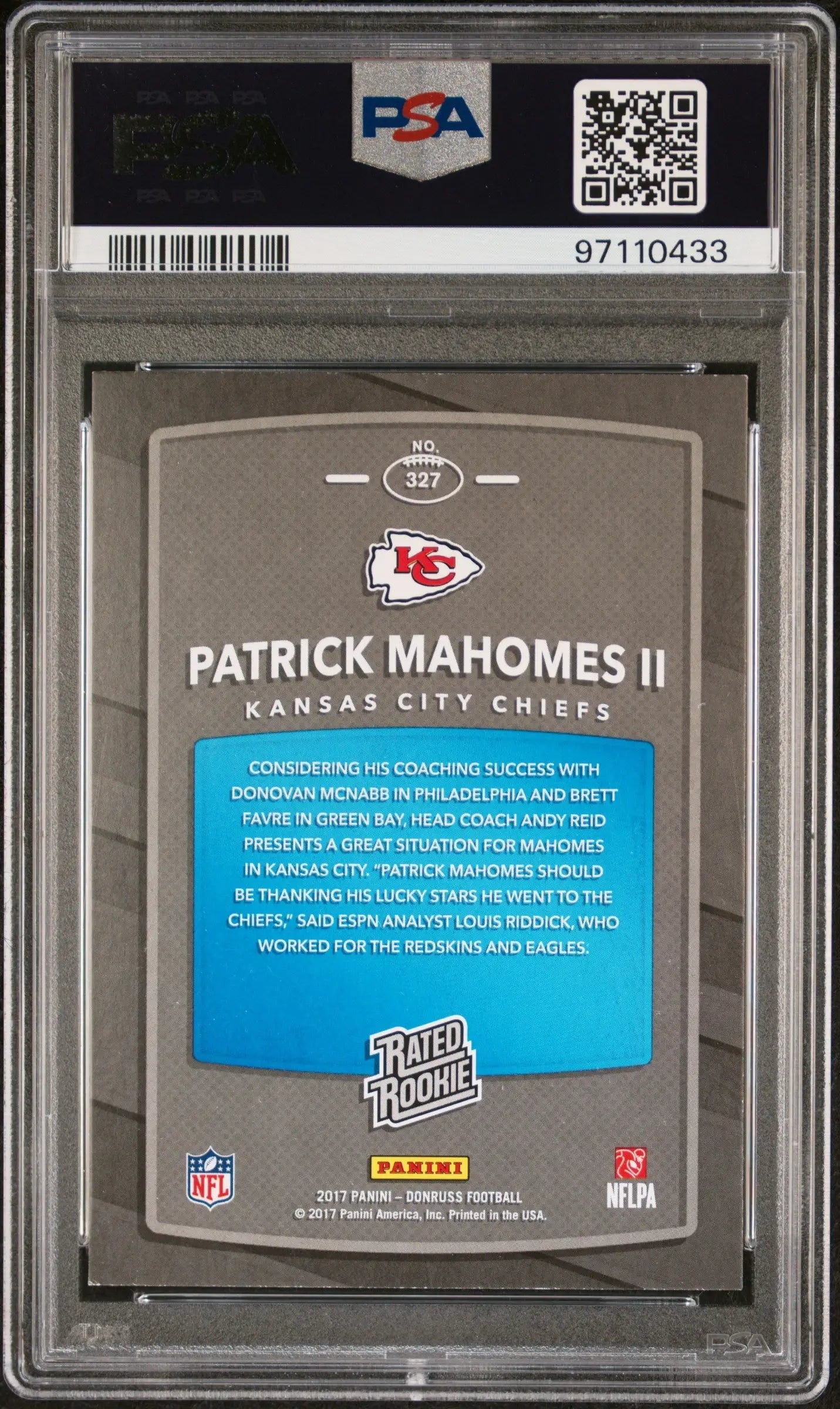 PSA-graded Patrick Mahomes trading card in protective case for collectors