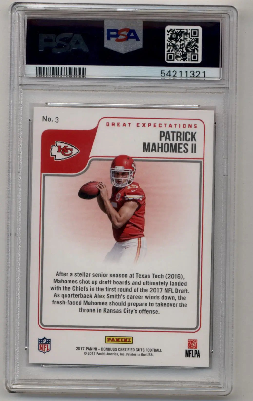 PSA-graded Patrick Mahomes 2017 Donruss Certified Cuts Great Expectations card in action