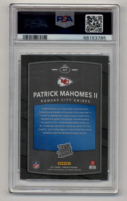 PSA-graded Patrick Mahomes 2017 Donruss Rated Rookie #327 card back in protective case