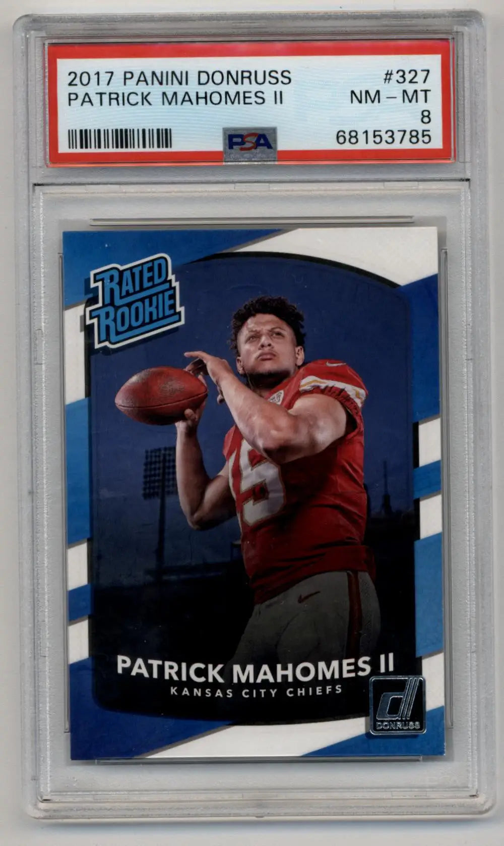 PSA-graded 2017 Panini Donruss Rated Rookie Patrick Mahomes II card in protective case