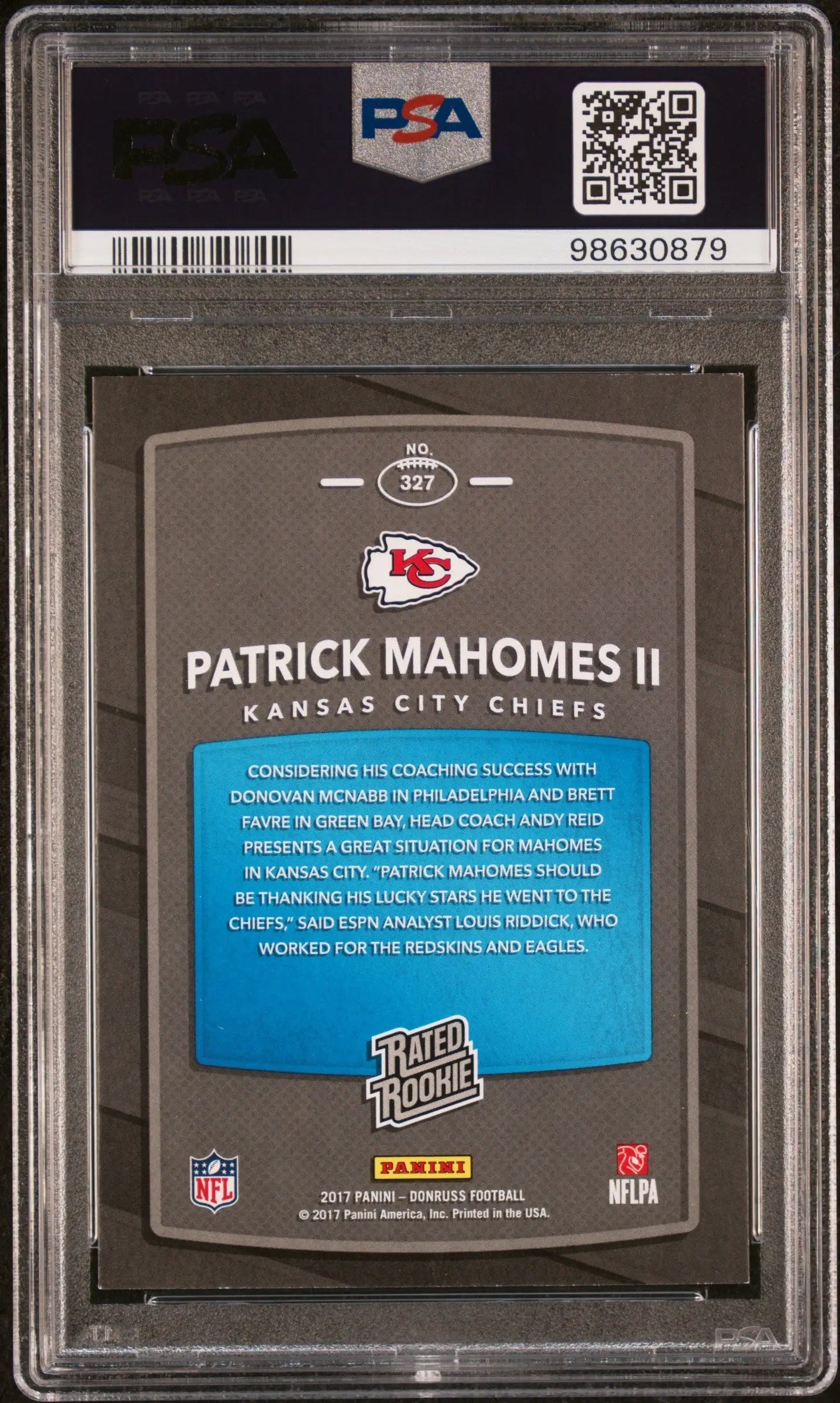 PSA-graded trading card of Patrick Mahomes 2017 Donruss Rookie #327 in NM-Mint condition