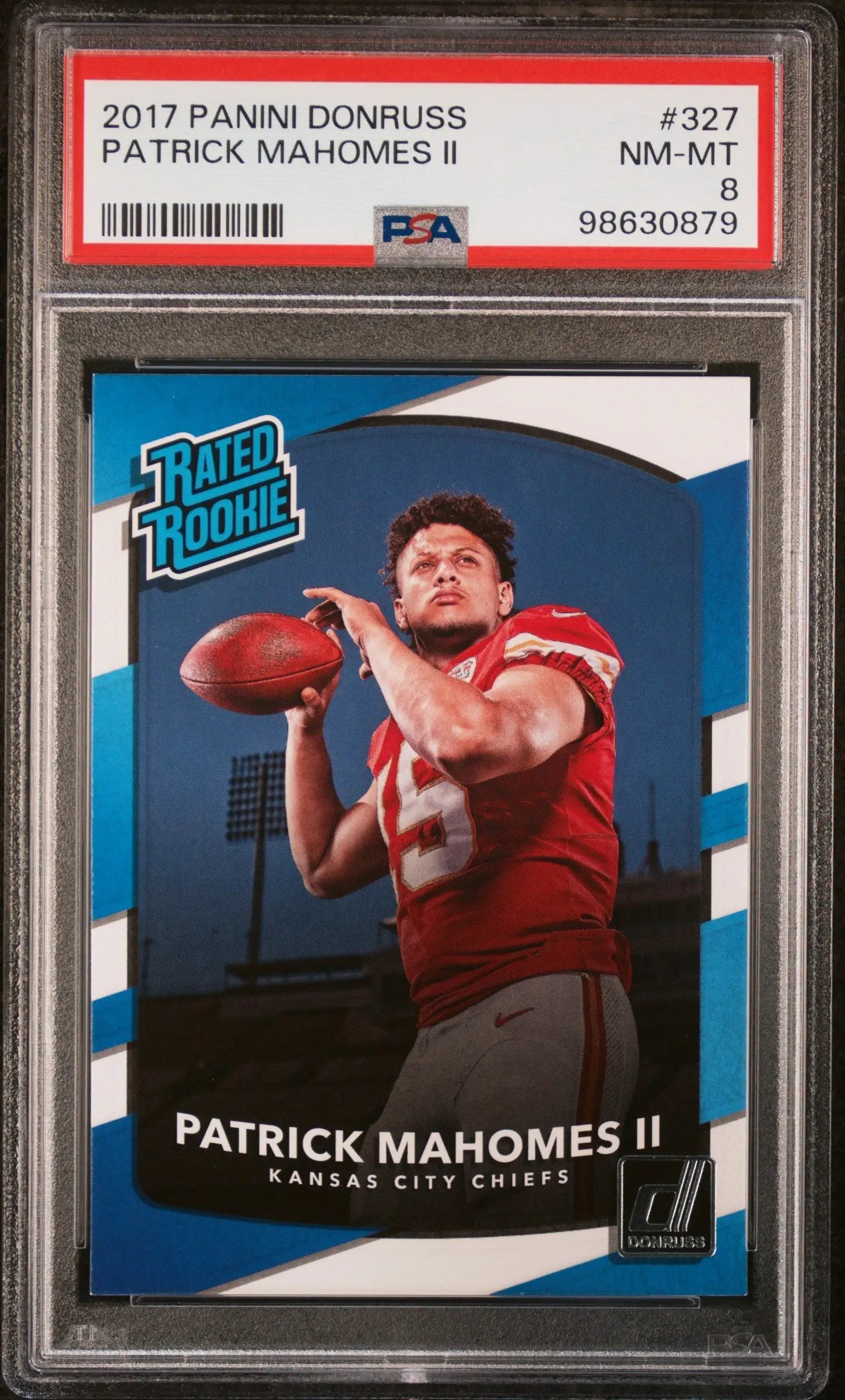 PSA-graded Patrick Mahomes 2017 Donruss Rookie football card in red jersey