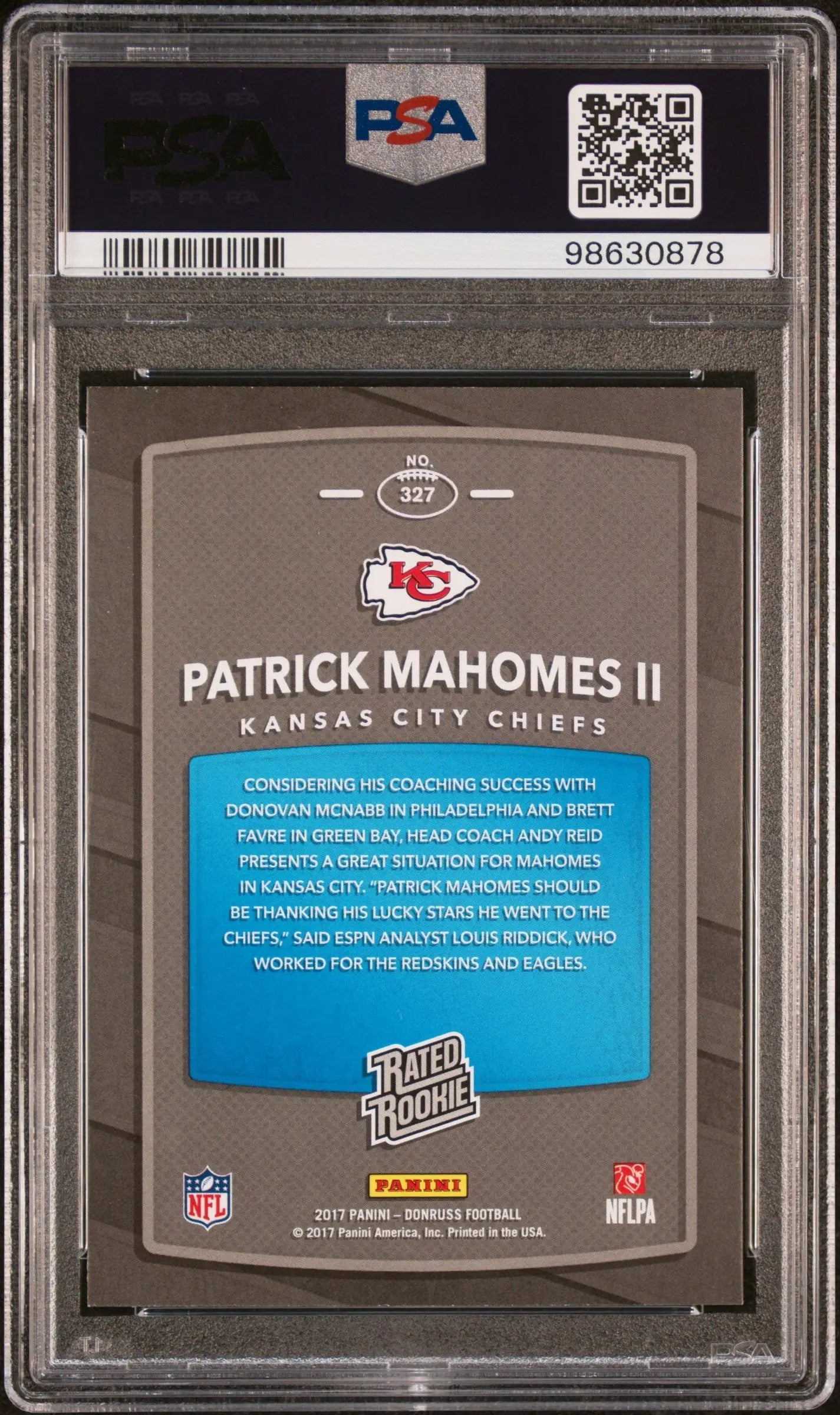 PSA-graded Patrick Mahomes 2017 Donruss Rookie trading card in protective case