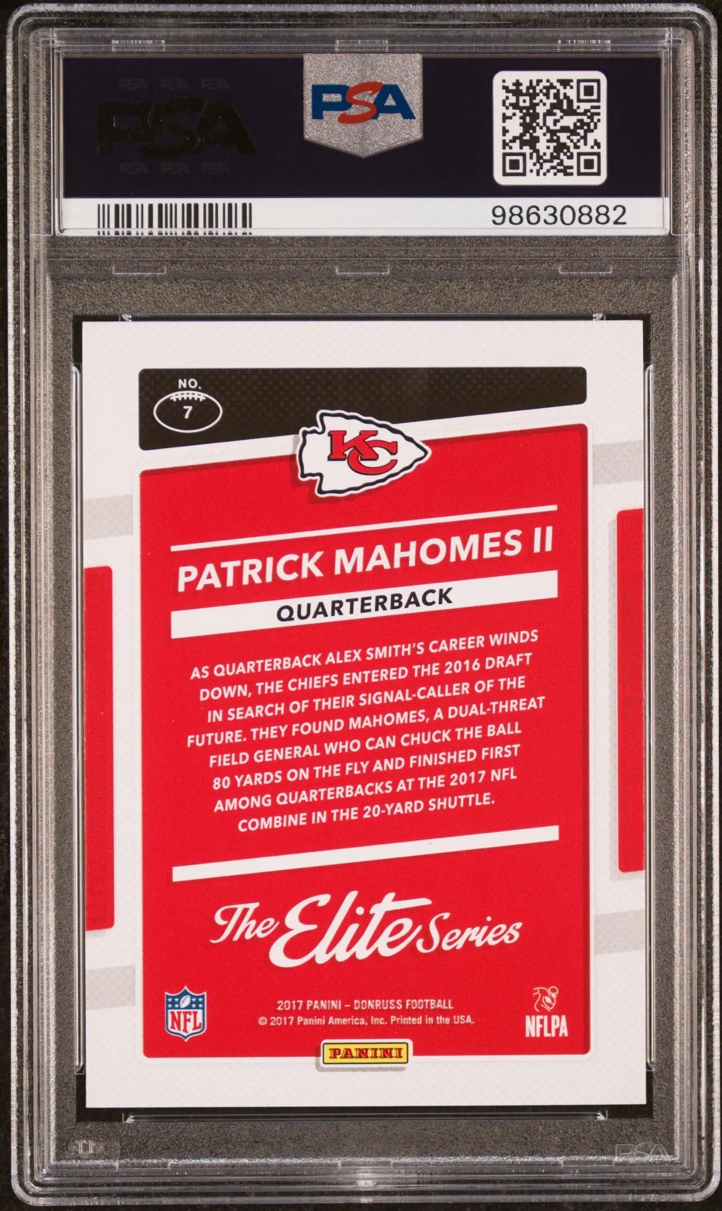 PSA 10 Gem Mint Patrick Mahomes 2017 Donruss Elite Series NFL trading card image