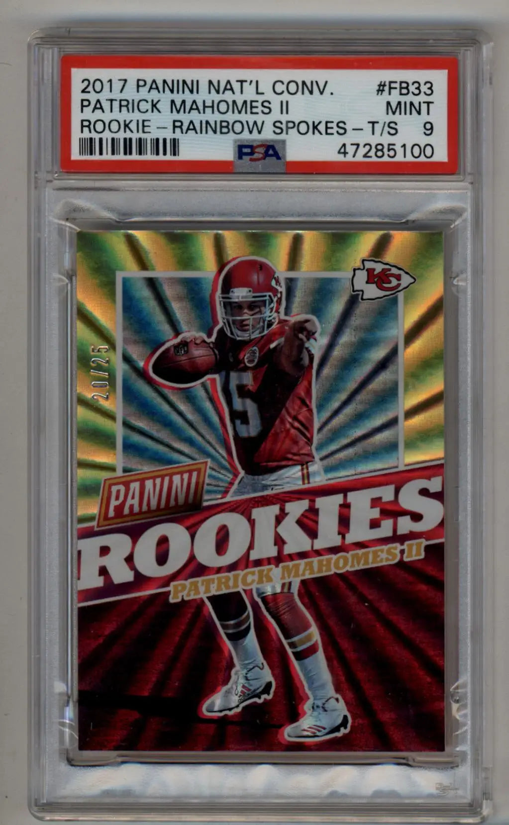 PSA-graded Patrick Mahomes 2017 National Convention Rainbow Spokes rookie card in case