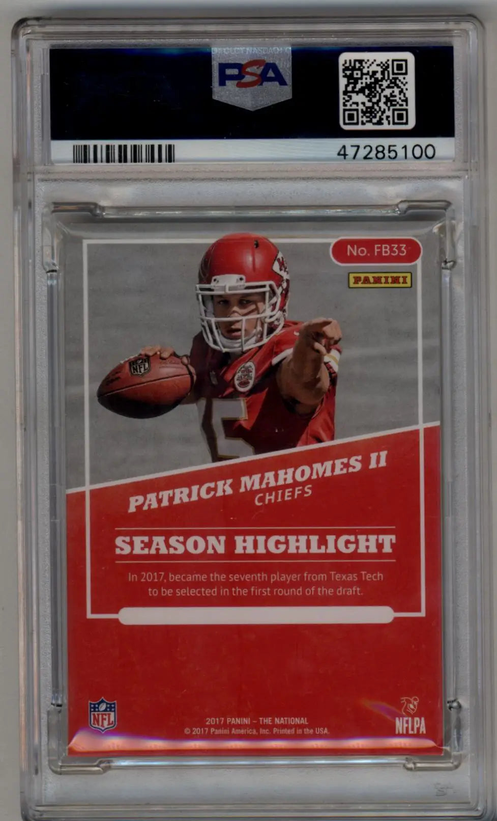 PSA-graded Patrick Mahomes 2017 National Convention Rainbow Spokes card in red jersey