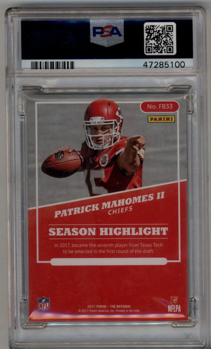 PSA-graded Patrick Mahomes 2017 National Convention Rainbow Spokes card in red jersey