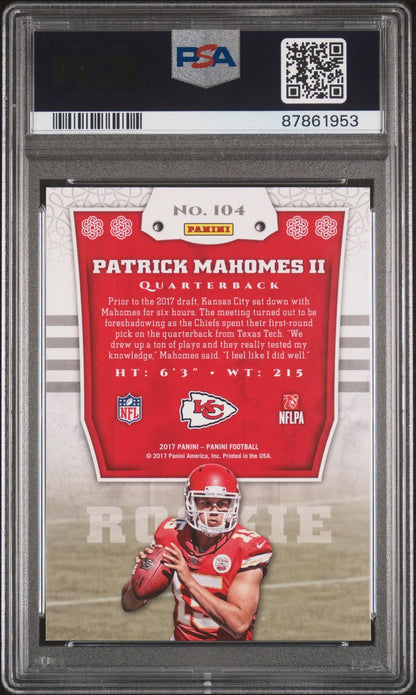 PSA-graded trading card of Patrick Mahomes in red Chiefs uniform, Gem Mint quality