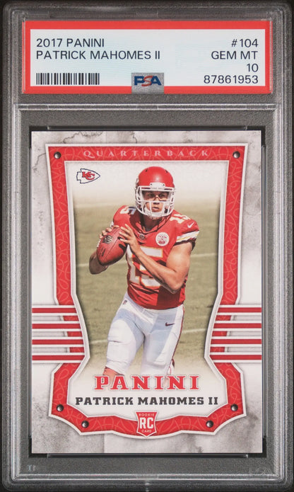 Patrick Mahomes 2017 Panini #104 PSA 10 Gem Mint trading card in red uniform