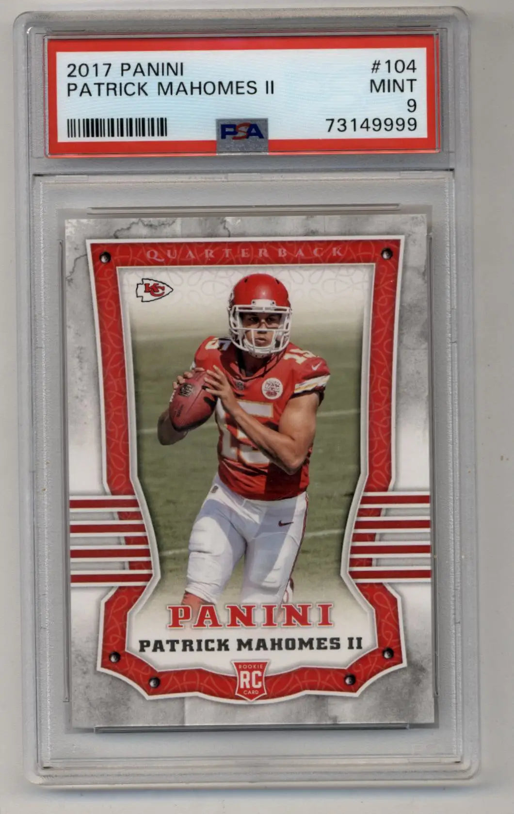 PSA-graded 2017 Panini Patrick Mahomes rookie card in red uniform, trading cards