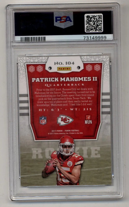 PSA-graded Patrick Mahomes Kansas City Chiefs rookie trading card in protective case