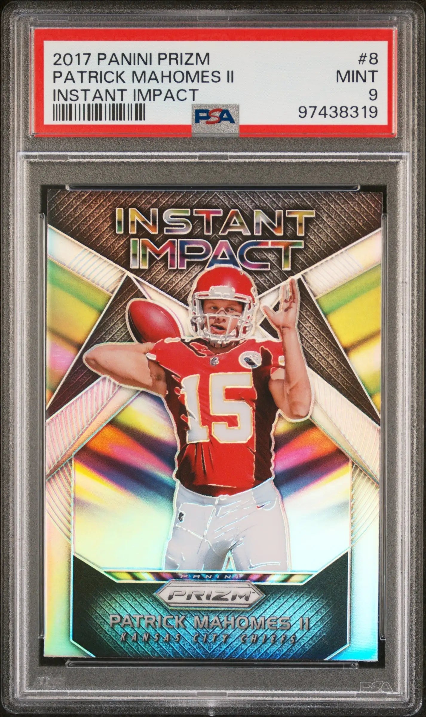 PSA-graded 2017 Panini Prizm Instant Impact Patrick Mahomes II rookie card in case