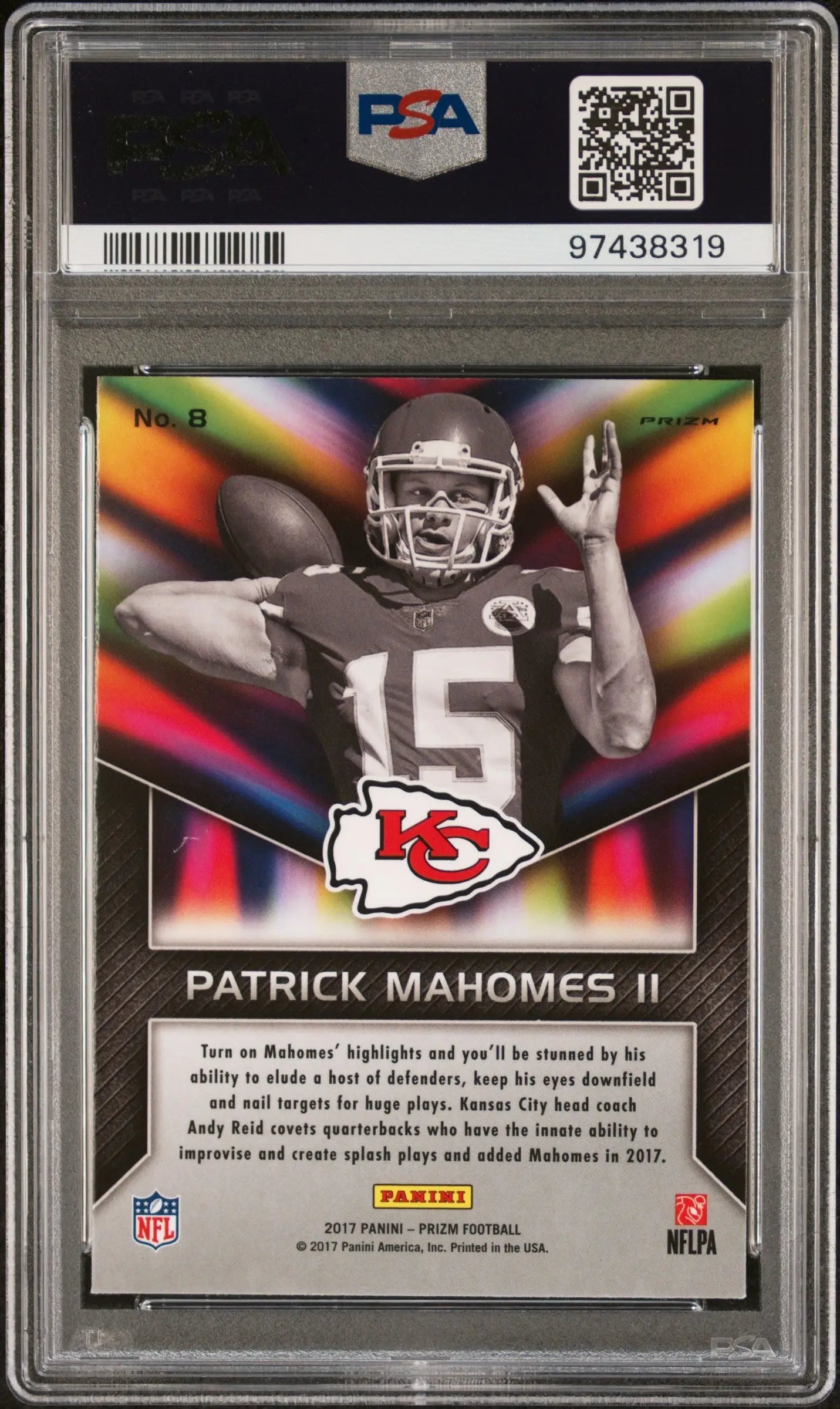 Back of Patrick Mahomes 2017 Panini Prizm Instant Impact PSA 9 Mint trading card