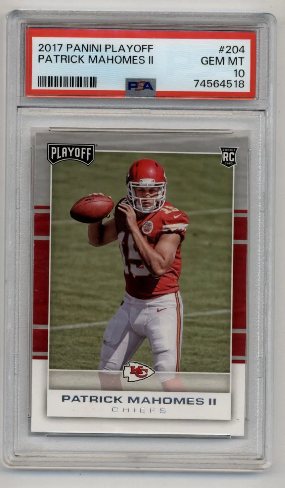 PSA-graded 2017 Panini Playoff Patrick Mahomes Gem Mint Rookie Card in protective case