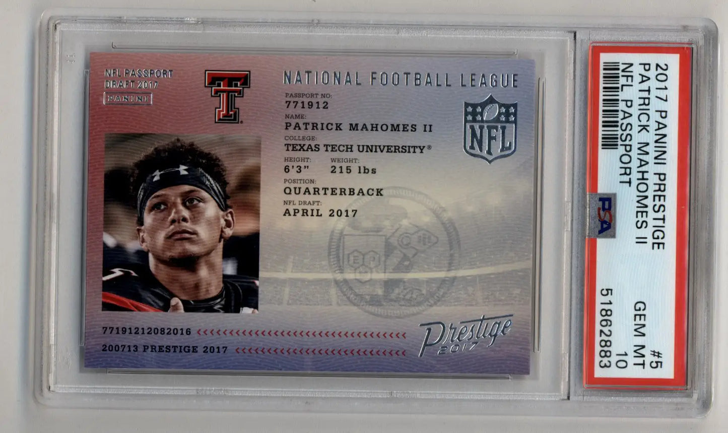 PSA-graded Patrick Mahomes 2017 Prestige NFL Passport card in Gem Mint condition