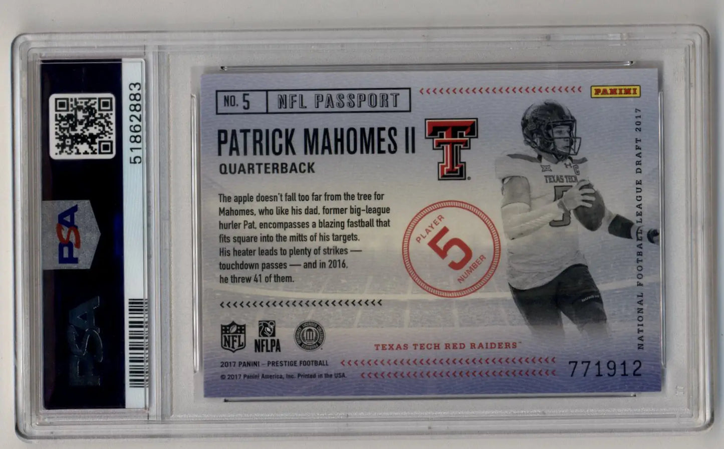 Patrick Mahomes 2017 Prestige NFL Passport in PSA 10 Gem Mint card holder