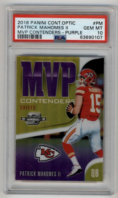 PSA 10 Gem Mint Patrick Mahomes 2018 Contenders Optic MVP Contenders Purple Card