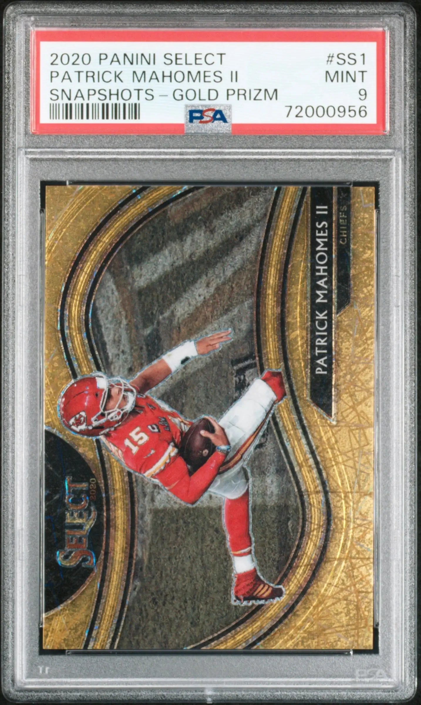 PSA graded 2020 Panini Select Snapshots Gold Patrick Mahomes football card in action