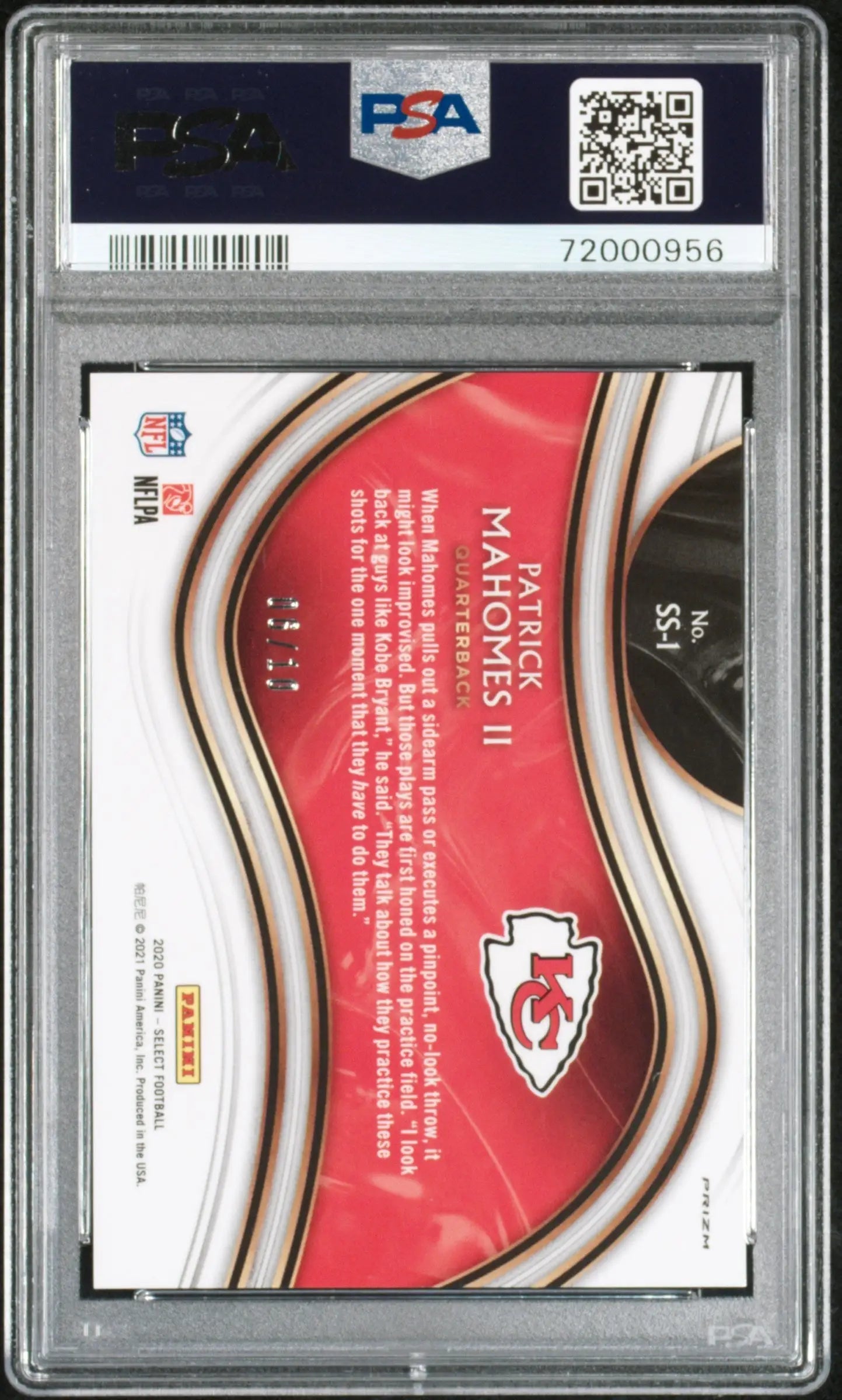 PSA-graded Patrick Mahomes 2020 Panini Select Snapshots Gold card in protective holder