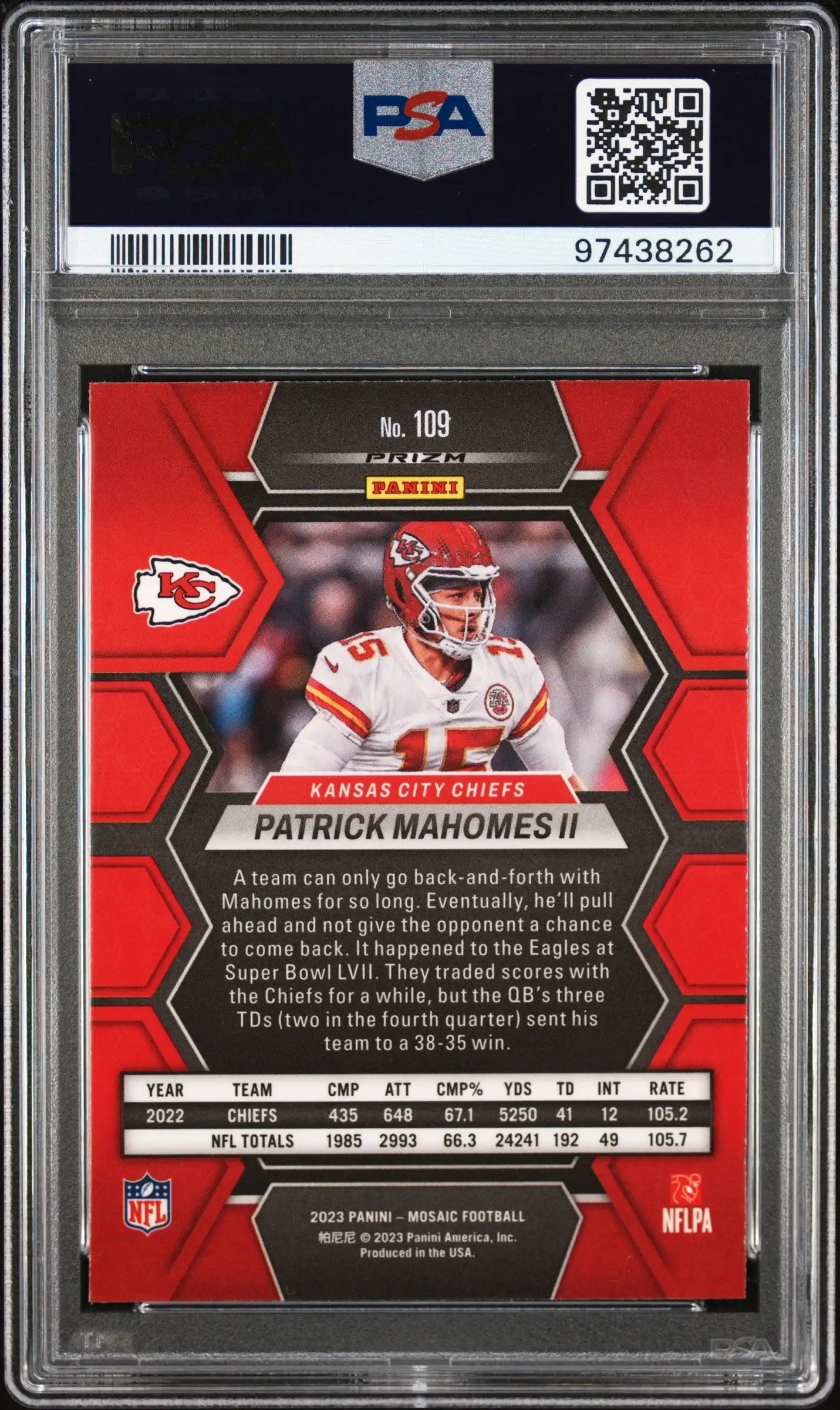 Patrick Mahomes 2023 Panini Mosaic #109 Genesis PSA 10 against a red geometric background