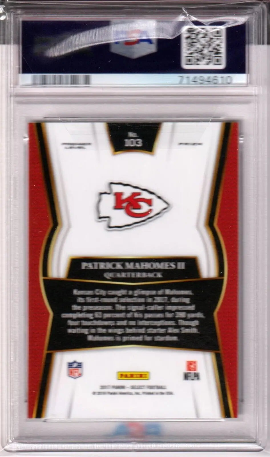 Graded Patrick Mahomes II rookie card in protective case featuring Kansas City Chiefs logo