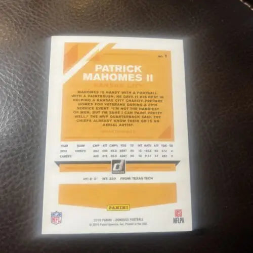 Patrick Mahomes II 2019 Panini Donruss football card for Kansas City Chiefs fans