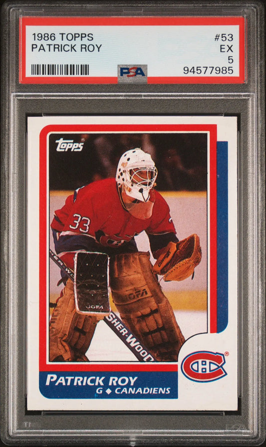 1986 Topps hockey card of Patrick Roy in red jersey #33 ready stance for trading cards