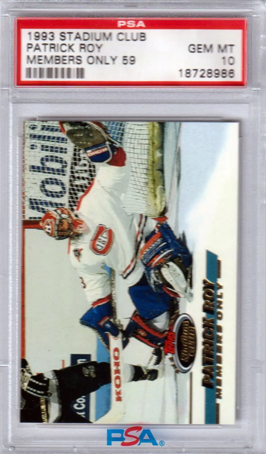 PSA-graded 1994 Stadium Club hockey card in case for PATRICK ROY Topps Stadium Club