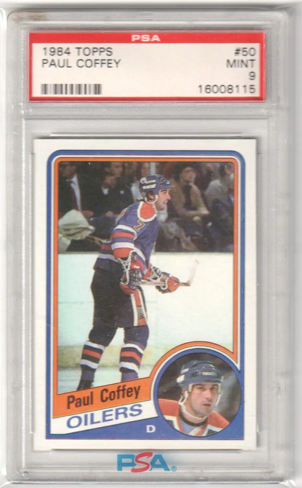 PSA-graded 1984 Topps Paul Coffey trading card featuring Edmonton Oilers action shot