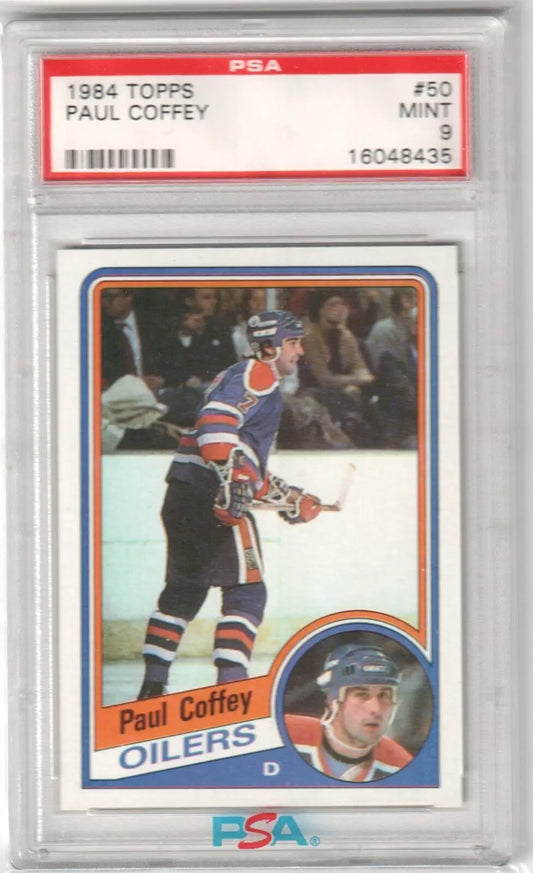 PSA-graded 1984 Topps hockey card of Paul Coffey, an Edmonton Oilers player, single cards