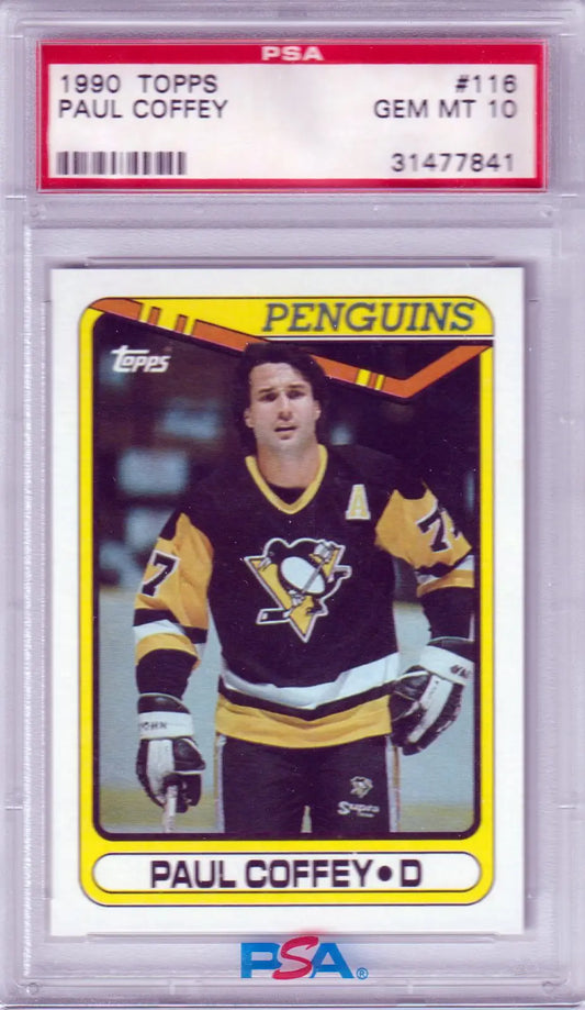 PSA 10 Gem Mint Paul Coffey 1990 Topps hockey card in Pittsburgh Penguins uniform