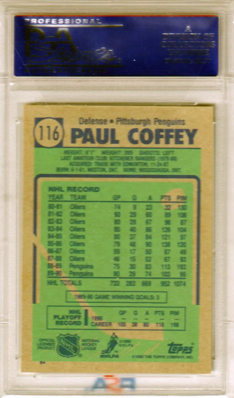 Paul Coffey 1990-91 Topps #116 PSA 10 GEM MINT card in case on yellow background