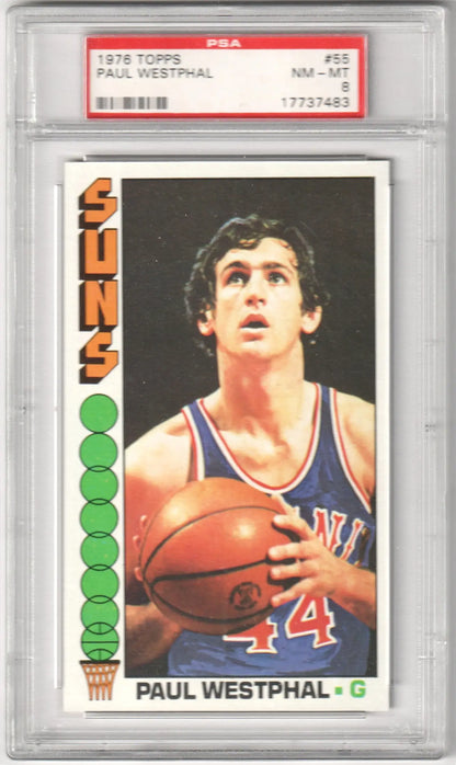 PSA-graded Paul Westphal 1976 Topps #55 trading card in blue and orange Knicks jersey