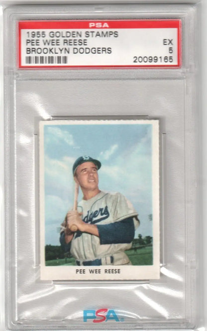 PSA-graded 1955 Golden Stamps Brooklyn Dodgers card in holder, perfect for single cards collectors