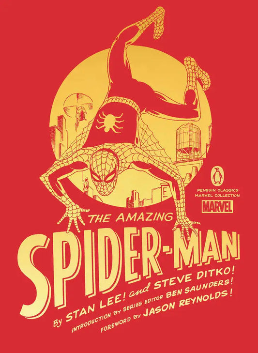 Book cover for The Amazing Spider-Man in bold yellow on red, part of Penguin Classics Marvel series