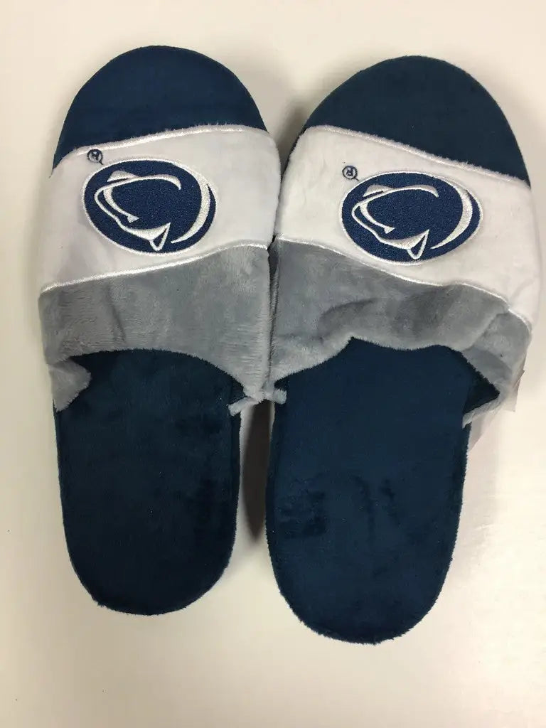 Pair of blue and gray slide slippers with Penn State Nittany Lions logo in various shoe sizes