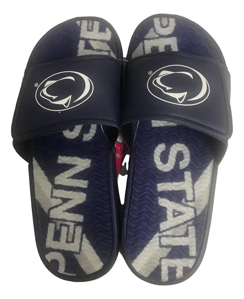 Navy blue slide flip flop sandals with Penn State logo display for men