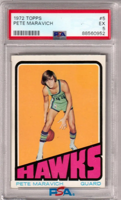 PSA-graded Pete Maravich 1972 Topps #5 Hawks basketball card available at Columbia Hobby