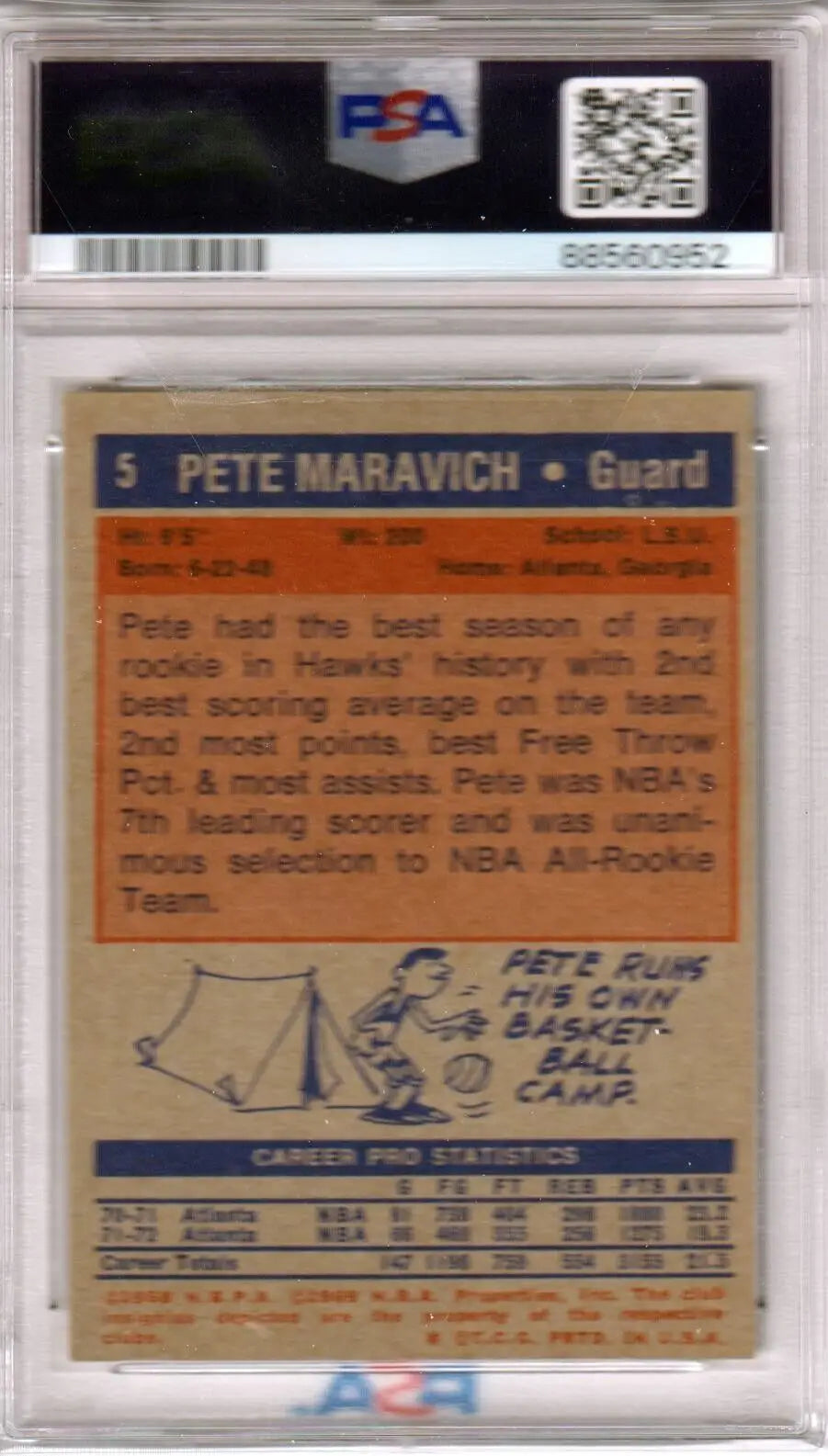 Back side of Pete Maravich 1972 Topps #5 card in protective case from Columbia Hobby