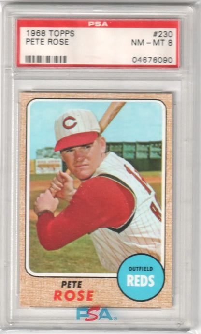 PSA-graded 1968 Topps Cincinnati Reds Pete Rose baseball card in protective case, Columbia Hobby