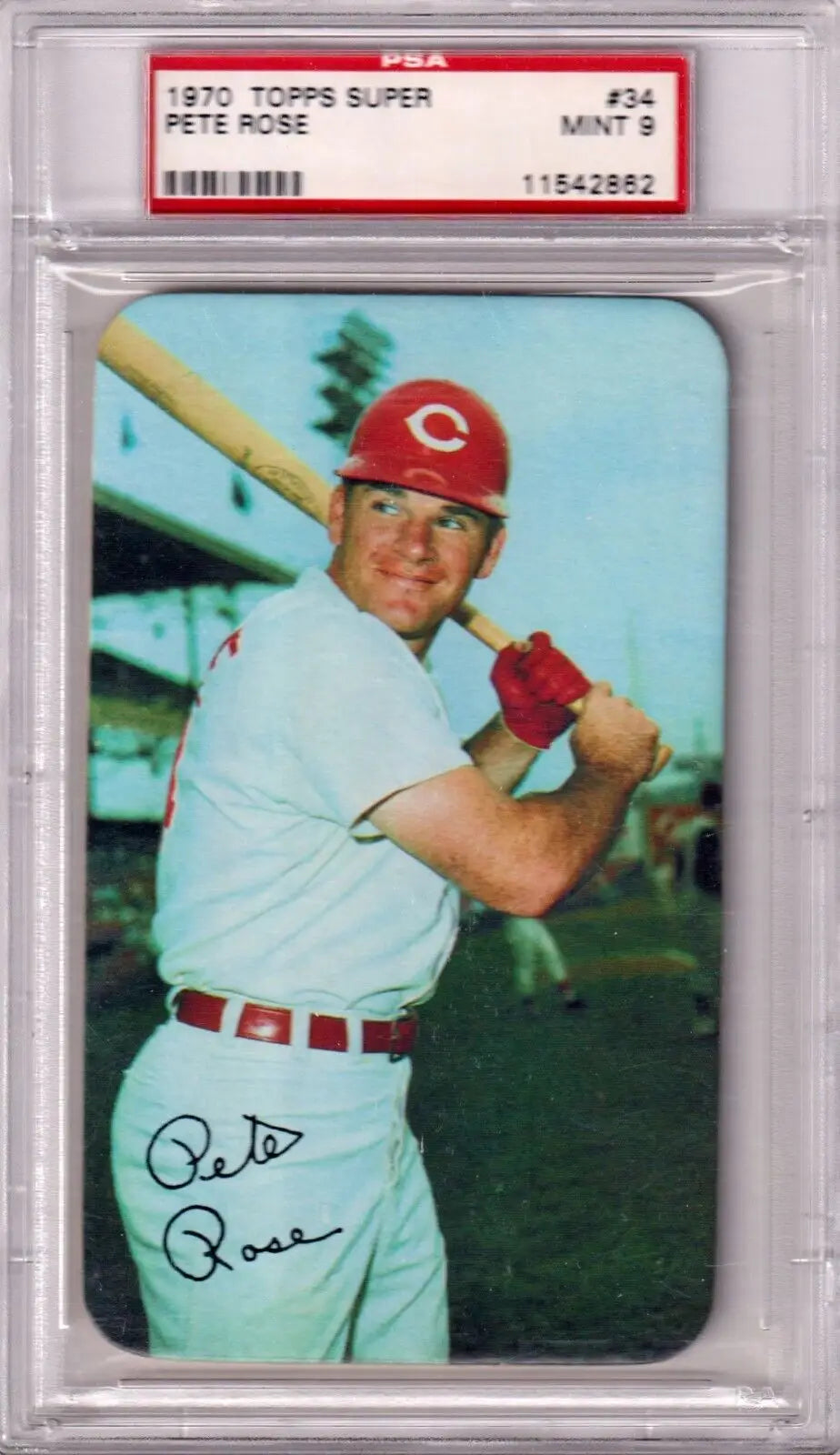 PSA-graded Pete Rose 1970 Topps Super #34 baseball card in batting stance for sale