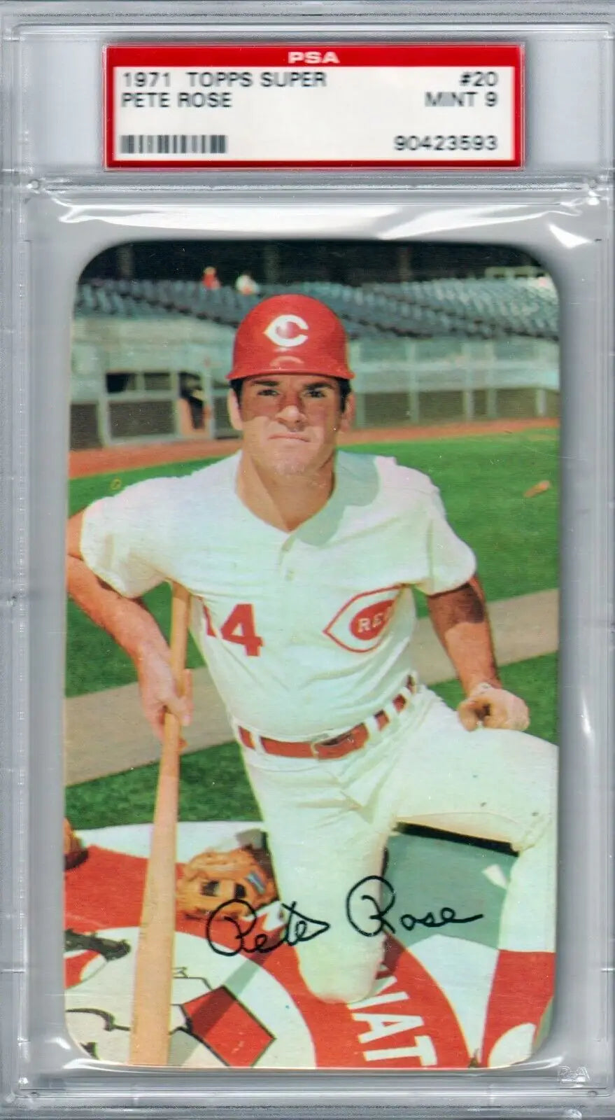 PSA-graded Pete Rose 1971 Topps Super #20 vintage baseball card in protective case