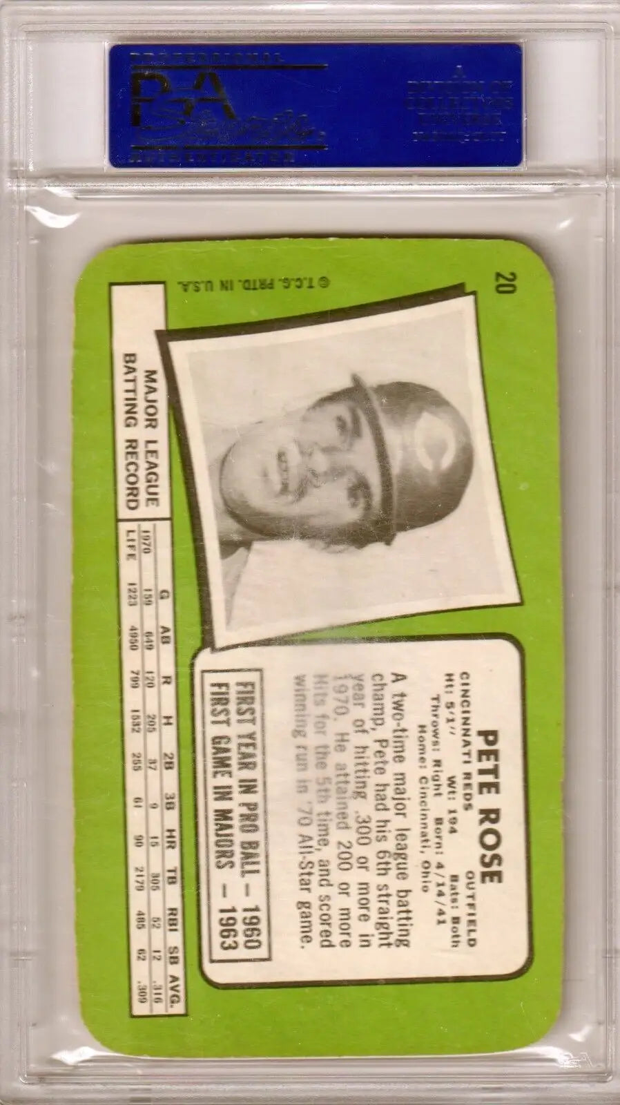 Vintage Pete Rose 1971 Topps Super #20 PSA 9 MINT baseball card in holder with green background