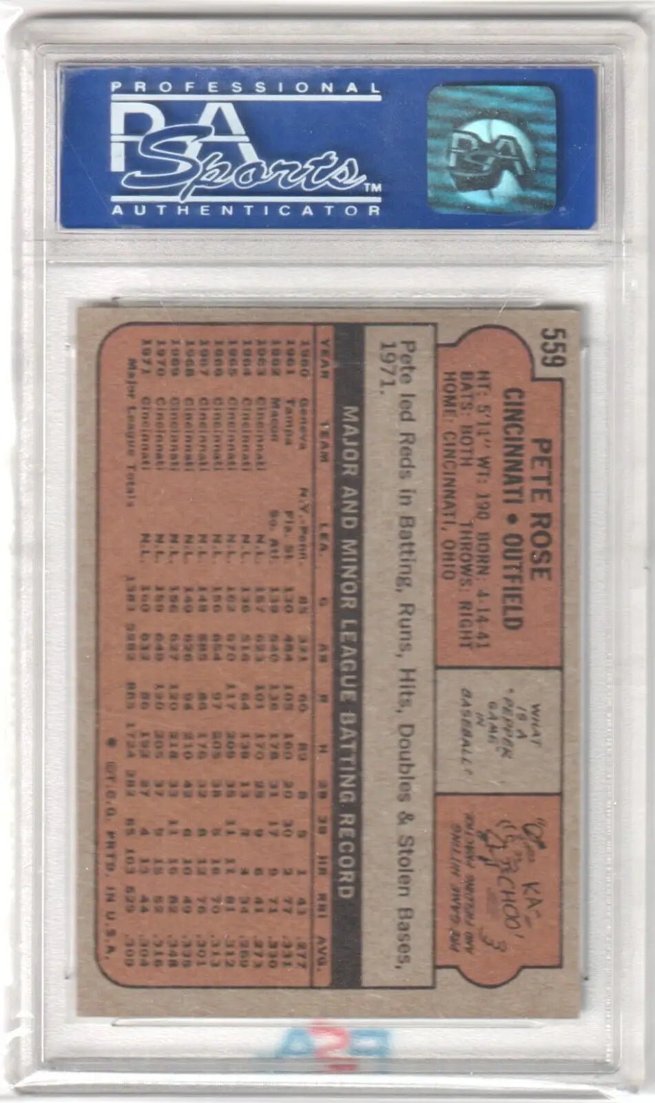 Pete Rose 1972 Topps #559 PSA 8 NM-MT baseball card in holder from Columbia Hobby with free shipping