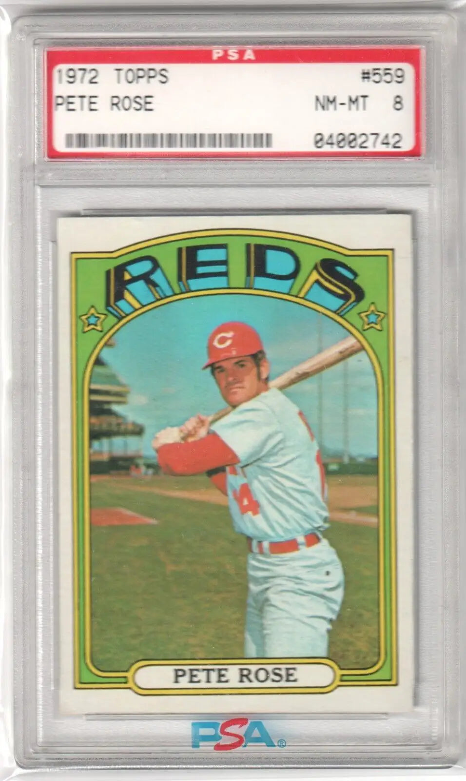 PSA-graded 1972 Topps Pete Rose baseball card in batting stance, perfect for single cards collection