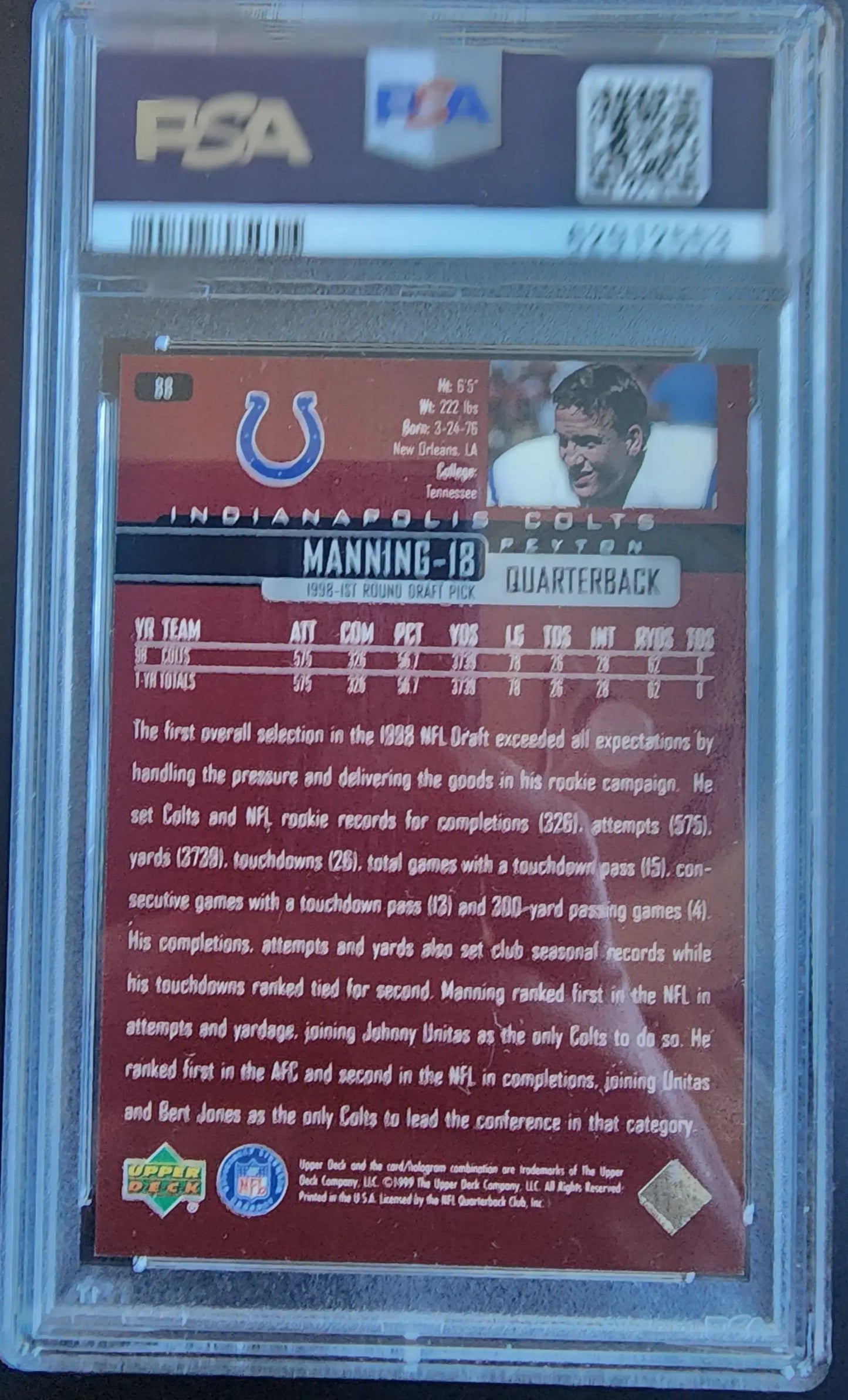 PSA-graded Peyton Manning 1999 Upper Deck Exclusives Silver #72/100 in protective case