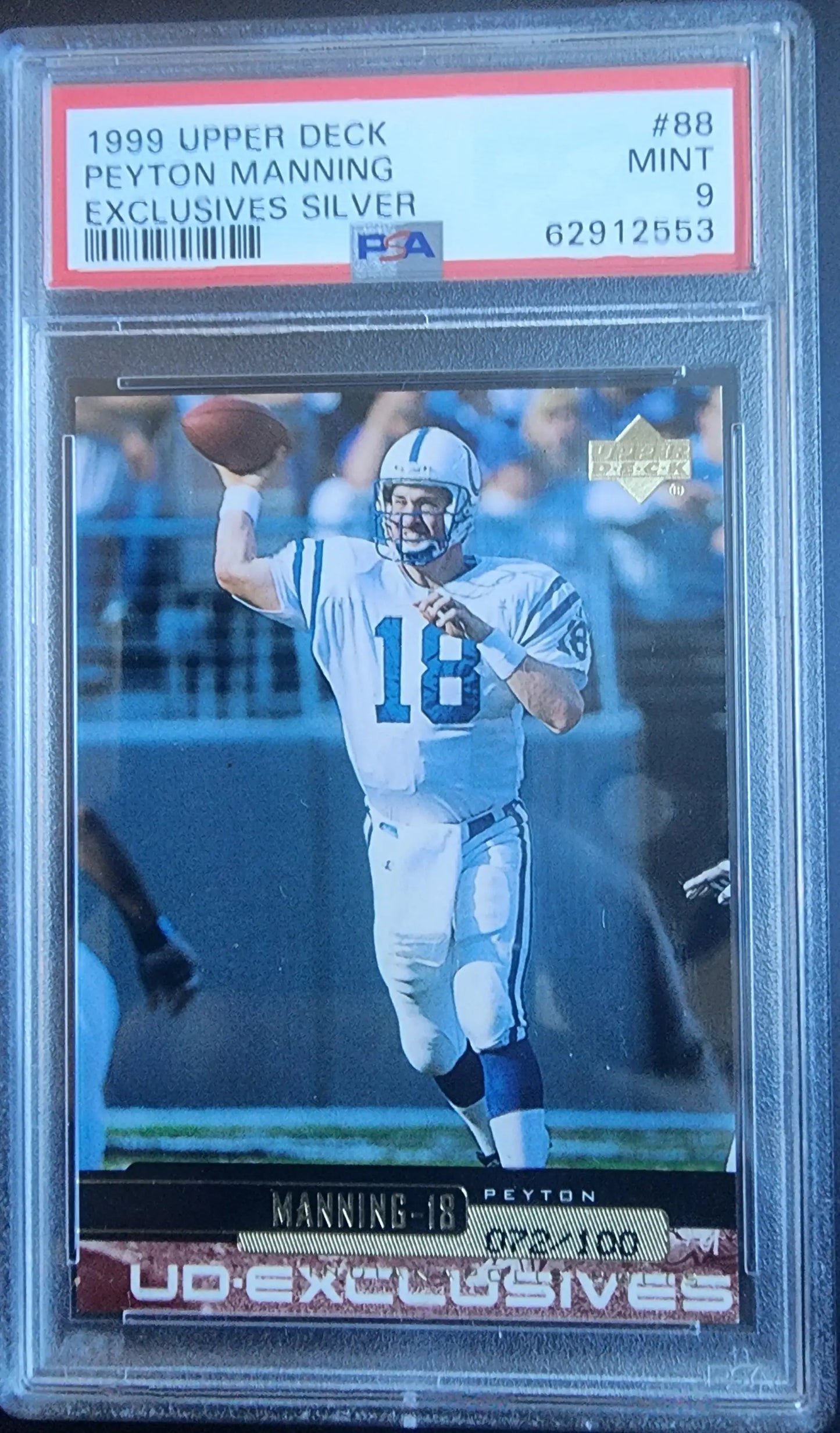 PSA-graded 1998 Upper Deck Exclusives Silver Peyton Manning football card in case