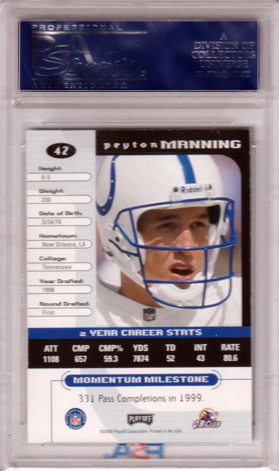 Football trading card of Peyton Manning in case, Colts player with blue facemask, Columbia Hobby