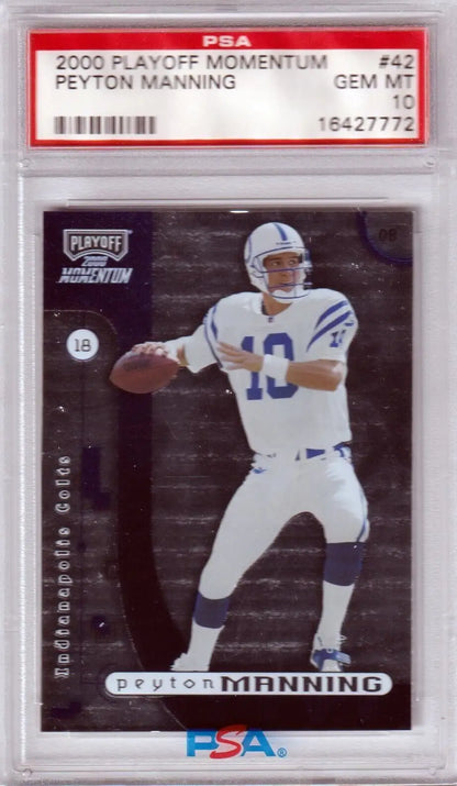 PSA-graded 2000 Playoff Momentum Peyton Manning football card in protective case, Columbia Hobby