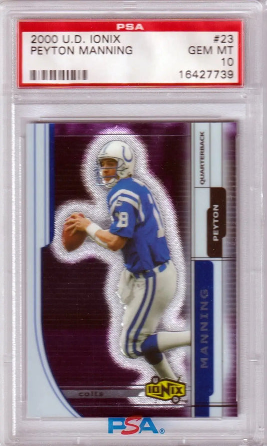 PSA graded 2000 Upper Deck Ionix Peyton Manning card in protective case from Columbia Hobby